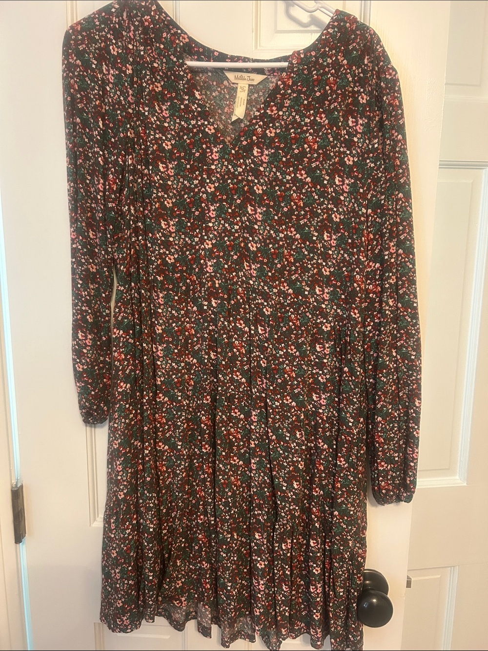 Matilda Jane Floral V-Neck Long Sleeve Dress - Black with Pink & Green Floral